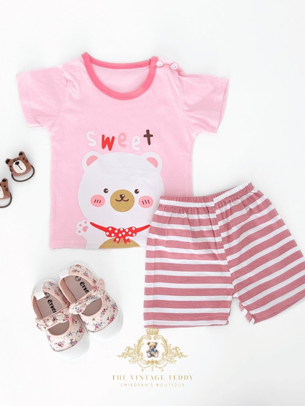 NWT Cute Girls Matching Set Kids T-shirt & Shorts 2-Piece 100% Cotton Bear 4T